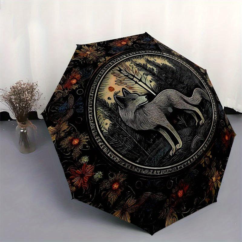Elegant Circular Plate with Fox and Floral DesignUmbrella with Cute Design, Portable 3-Fold Compact Umbrella for Men & Women, Valentine's Day Mother's