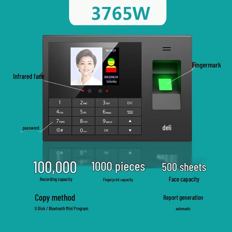 Deli Fingerprint Time Attendance Machine CN plug (adapter included)