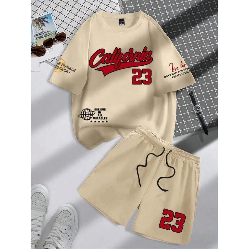Lato 2025 nowy trend męski garnitur okrągły dekolt krótki rękaw zestaw moda spersonalizowany nadruk alfanumeryczny T-shirt z okrągłym dekoltem i szort