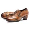 Johnature Genuine Leather Women Pumps Hand Painted Vintage Square Toe Rivet Lace Up Thick Heel High Heels Shoes