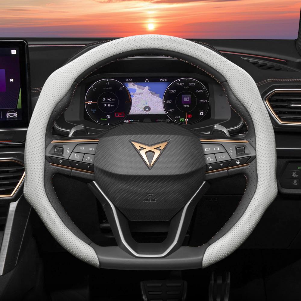 zkfan8 Suitable for Cupra Perforated Leather Steering Wheel Cover, Non-Slip, Sweat-Absorbent, Breathable, Integrated Snap-On 