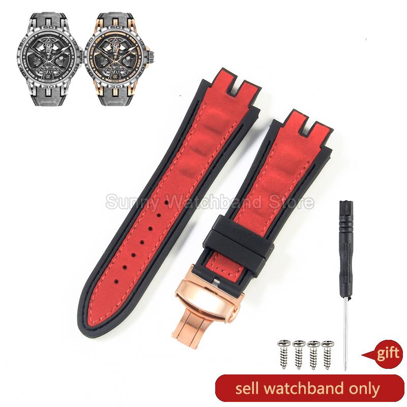 19x28mm Black Blue Red for Roger Dubuis EXCALIBUR Genuine Leather Watch Strap Special Interface Supple Moisture Wicking Design