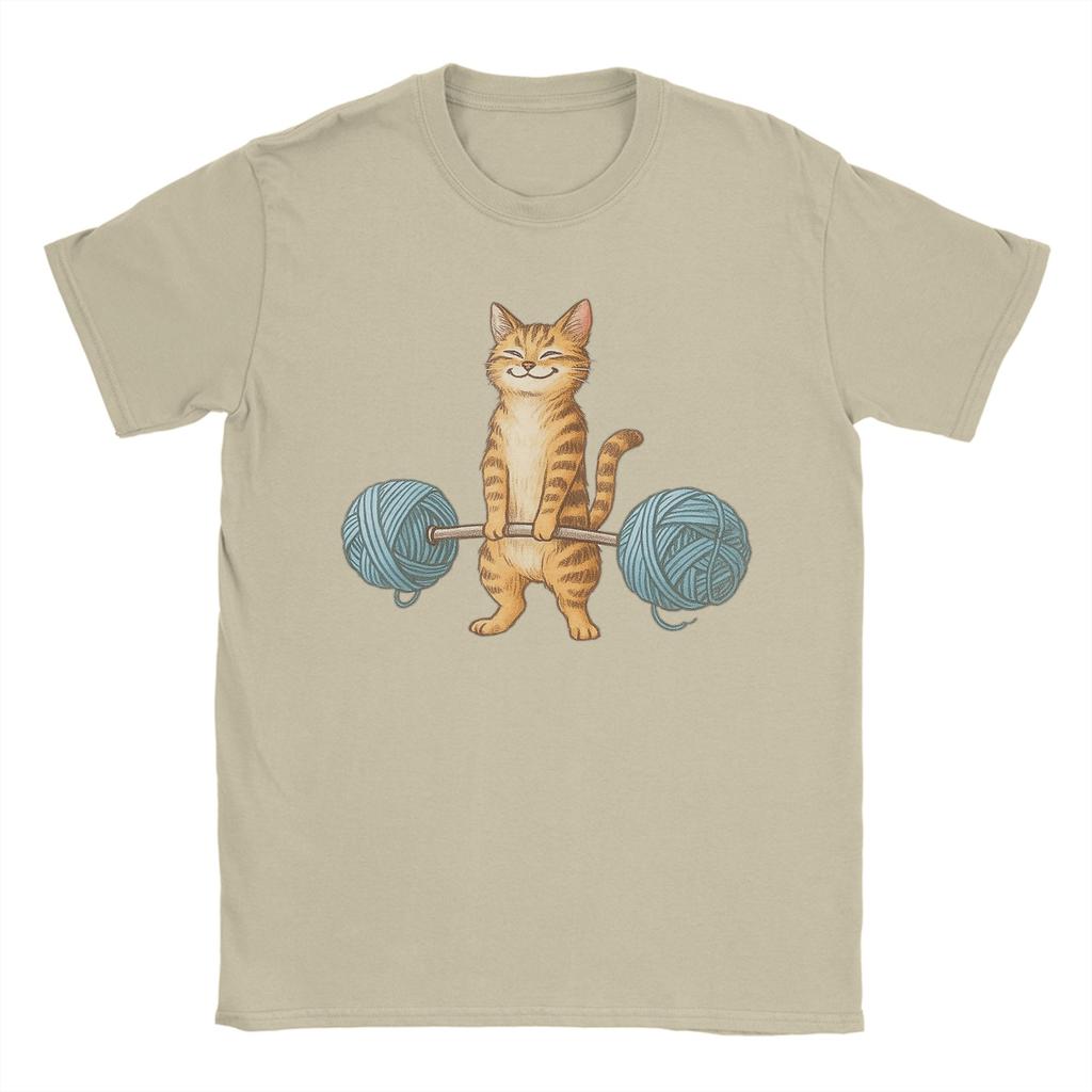Fun Cat Weightlifting Yarn Barbell Fitness TShirt for Unisex O Neck Pure Cotton T Shirts Short Sleeve Tee Shirt Summer Clothing