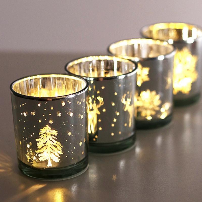 1pcMini Christmas Tree Elk Candle Cup Snowflake Glass Candle Holder Christmas Gift Store Home Dining Table Decoration Ornament