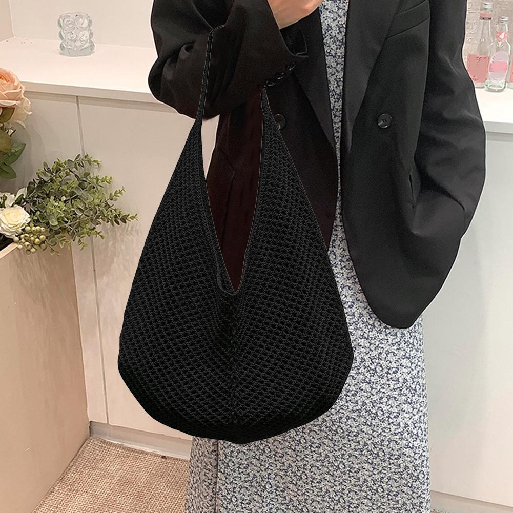 Elegant Black Crochet Tote Bag - Spacious Mesh Design with Detailed Stitching, For Travel & Shopping Travel Stylish Tote Bag Durable Handle Bag