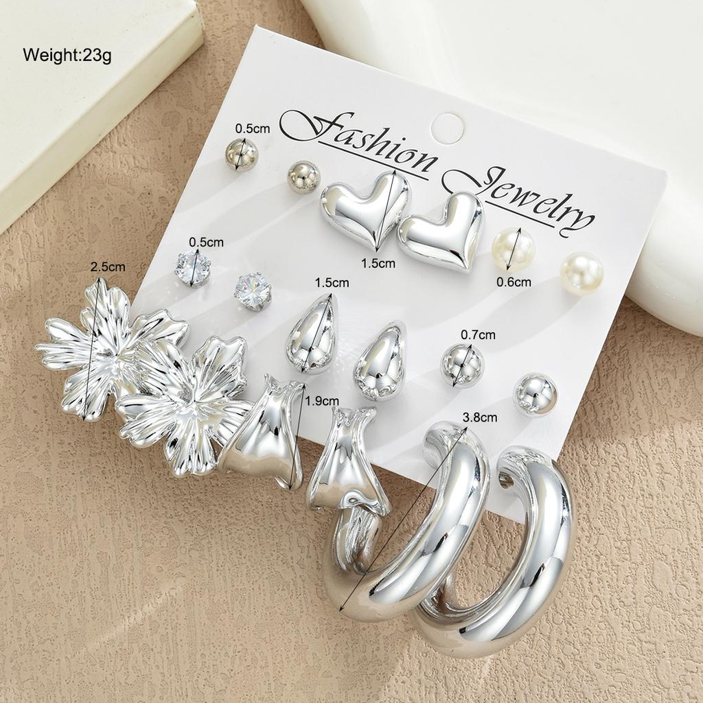 18pcs Bohemian Heart Floral Earring Sets for Women Silver Color Faux Pearl Zircon Geometric C Shape Earrings Daily Wear Jewelry