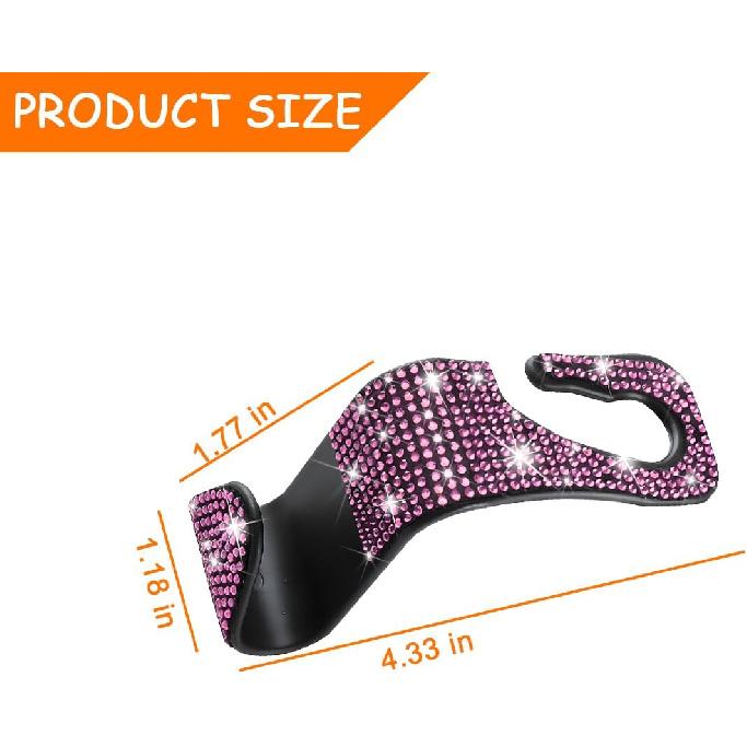 Mandark 4PCS Bling Car Seat Headrest Hooks, Crystal Rhinestone Vehicle Seat Back Hanger For Grocery Purses Handbags, Diamond Auto Seatback Storage