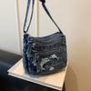 Vintage Denimtasche Damen Mehrschichtig Kleine Tasche Bestickt Schulter Crossbody-Tasche