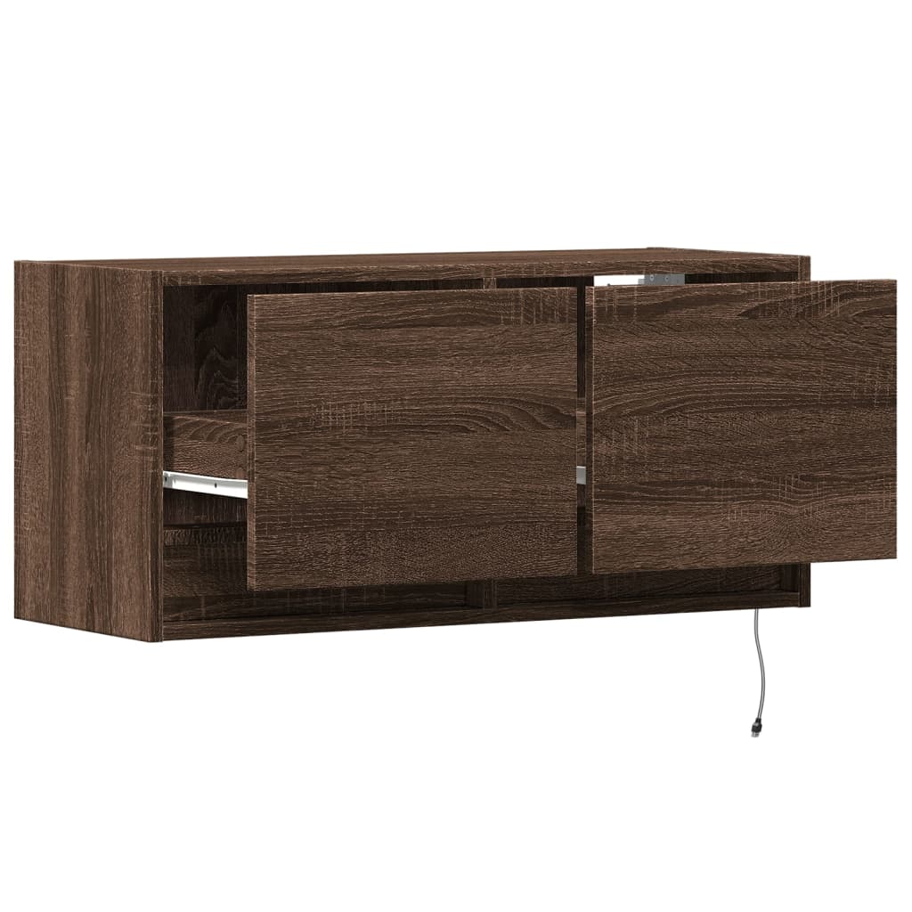 Wall Mounted TV Cabinet with LED Lights Brown Oak Effect 80 x 31 x 38 cm