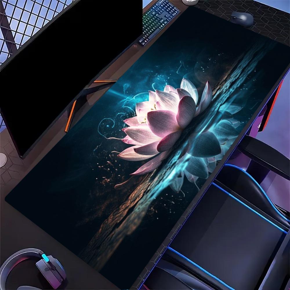 Neon Glowing Lotus Large Extended Gaming Mouse Pad Non Slip Desk Mat Dark Background Colorful Floral Art Keyboard Desk Mat