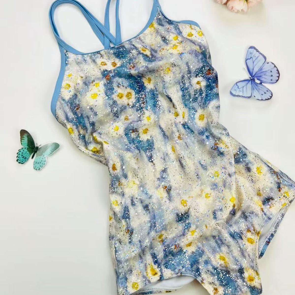 

Blue Fog Flower Swimsuit One-piece Flat Angle Swimming Pool Special Swimsuit Conservative Racing Slightly Fat Large Size XXL