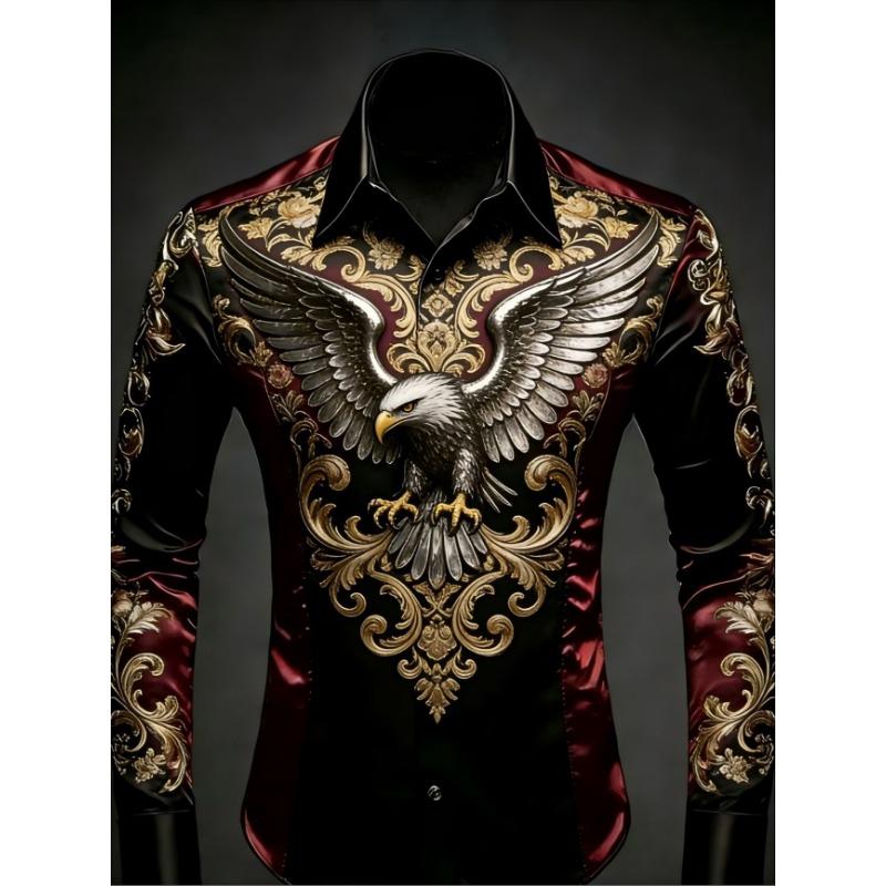 New Long Sword Black Wings Baroque 3D Printed Long Sleeve Shirt Smooth Satin Collar Men's Top Clothing