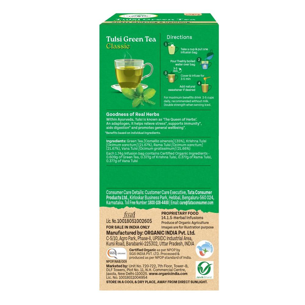 ORGANIC INDIA Tulsi Green Tea Classic 25 Tea Bags Uplifts Mood Rich Antioxidants Rama Krishna Vana