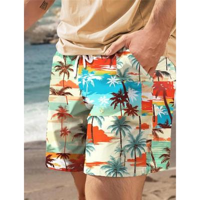 Fashion Palm Tree Tropical Printed Men's Board Shorts Hawaiian Swim Trunks Drawstring Comfort Breathable Vacation