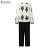 ZANZEA Women Long Sleeve Print Blouse and Pants Casual Two Piece Suit Sets