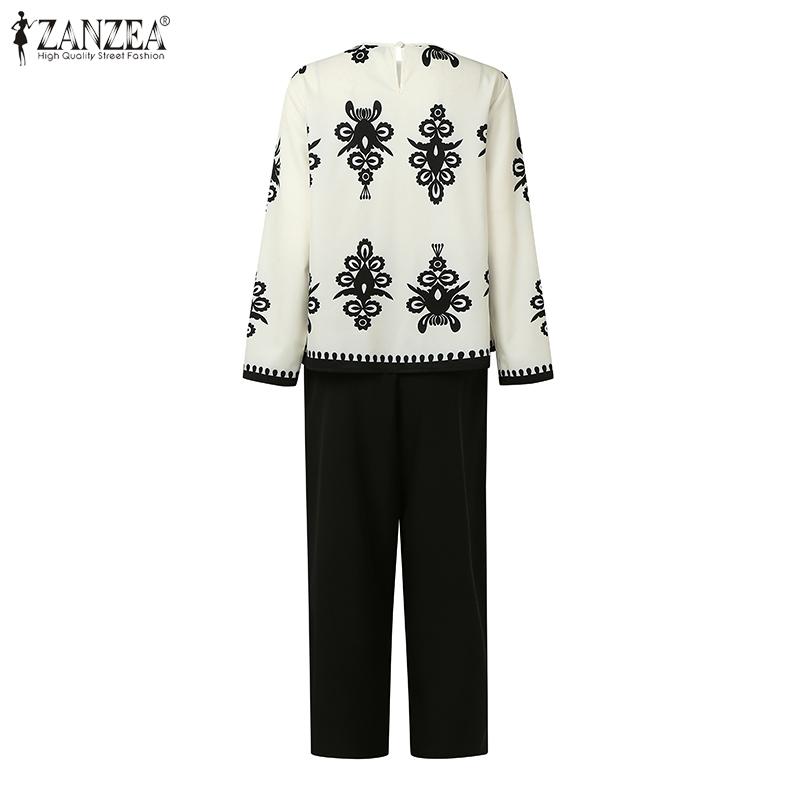ZANZEA Women Long Sleeve Print Blouse and Pants Casual Two Piece Suit Sets