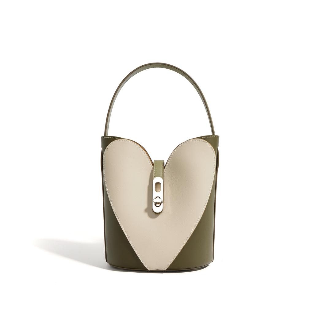 New color matching cowhide shoulder bag niche texture bag popular messenger bag genuine leather hand carry bucket bag commuter bag