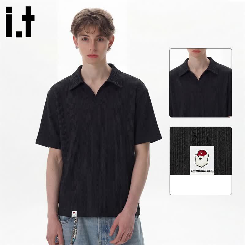 :CHOCOOLATEit Men s Summer Cable Knit Lapel Polo Shirt XL чёрный