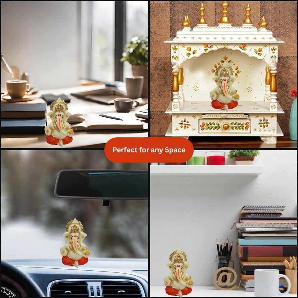 Resin Lord Ganesha Idol for Car Dashboard, Home, Office | Ganpati Statue for Mandir Decor | Handcrafted Ganesh Murti (Red & Ivory)