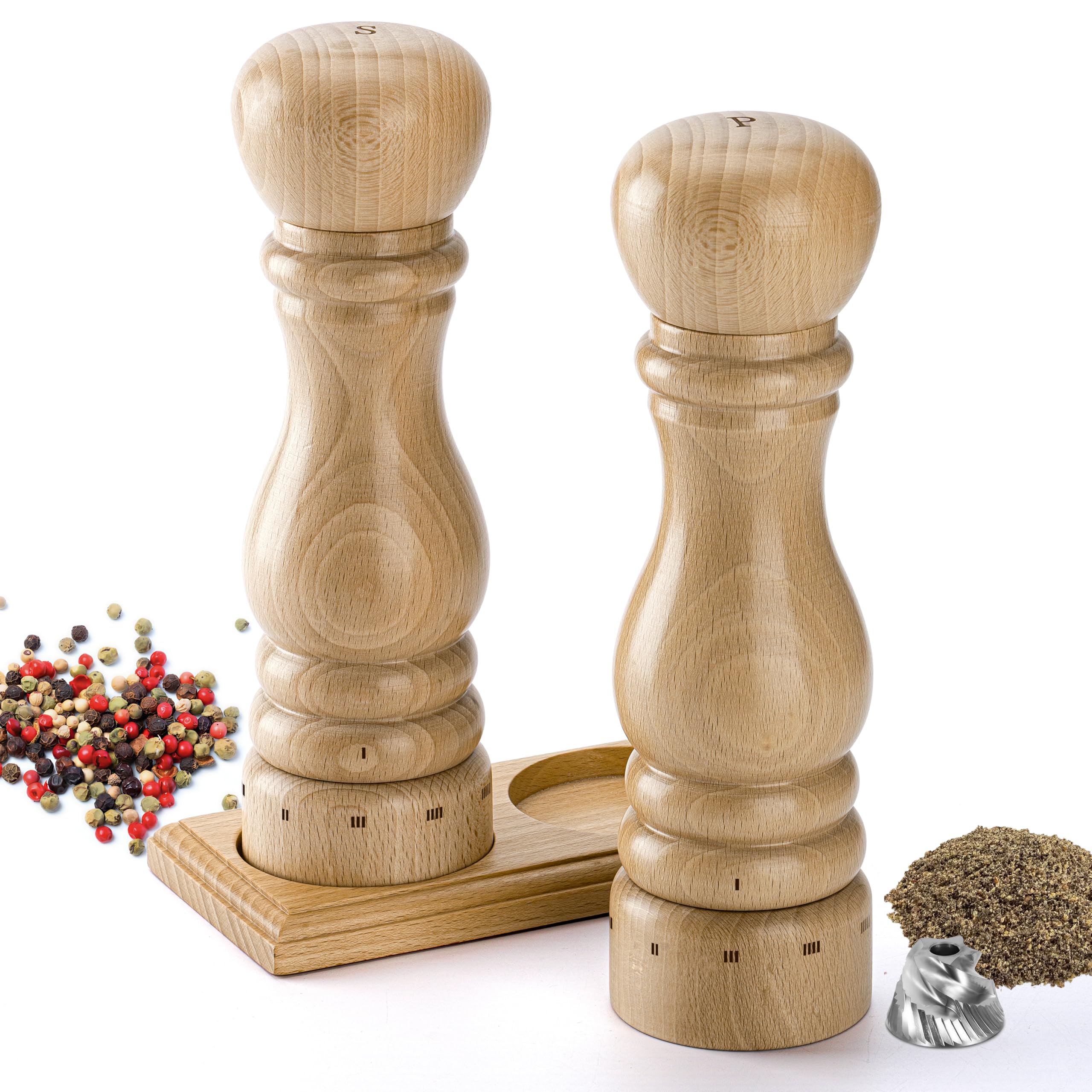 

Aurevit Wooden Pepper & Salt Mill Set, Manual | External Grind Adjustment | Ceramic & Stainless Steel Mill Wick | Easy Refilling | Made of Beech Wood