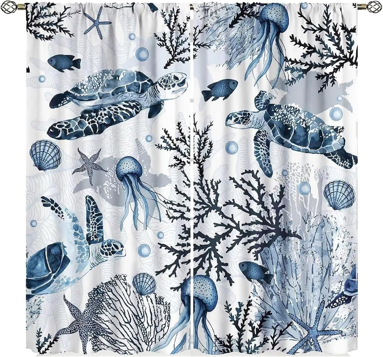 Sea Turtles Curta,Beach Nautical Ocean Starfish Seashell Seahorse Window Treatments For Bedroom Kitchen, Conch Compass Beachy 53x116CM-2PC