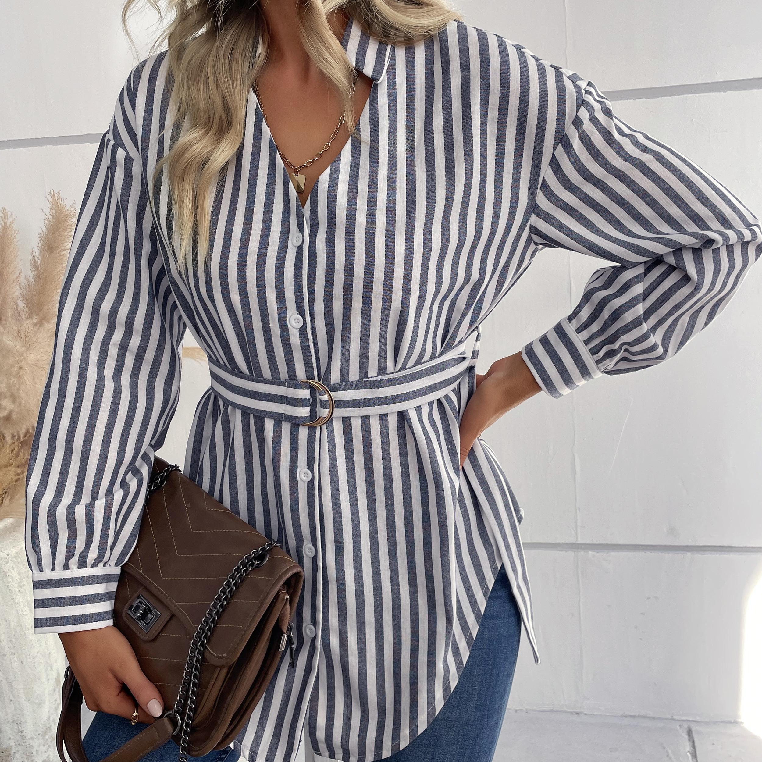 

YYFS женские модные повседневные блузки и рубашки с v-образным вырезом и длинными рукавами в полоску с принтом L