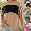 Camiseta Feminina Gola Redonda Manga Curta Bloco de Cores Camiseta Solta Versátil Pulôver Tops Uso Diário