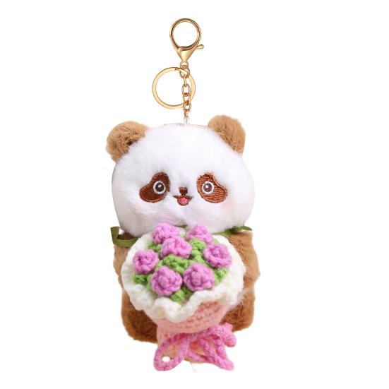 Panda Holding Flowers Keychain Cute Plush Stuffed Animal with Knitted Bouquet