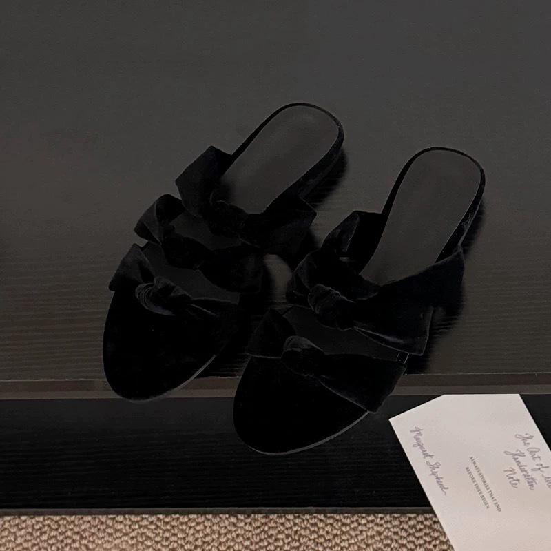 Sheepskin Version~ Korean Version of Velvet Flat Bottom One-word with Knotted Open-toed Sandals for Women To Wear 2025 Summer Cool Slippers