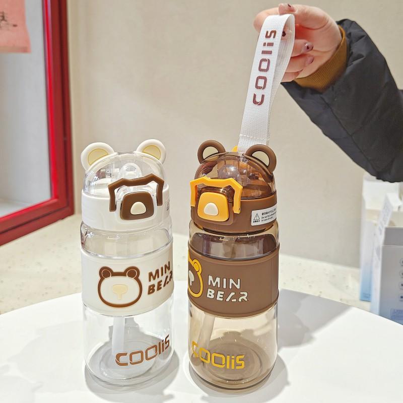 Garrafa de Água Fofa de Urso para Crianças com Canudo 500ml Copo de Plástico Portátil Estudantes Material de PC Livre de BPA Tampa Flip à Prova de Vazamentos