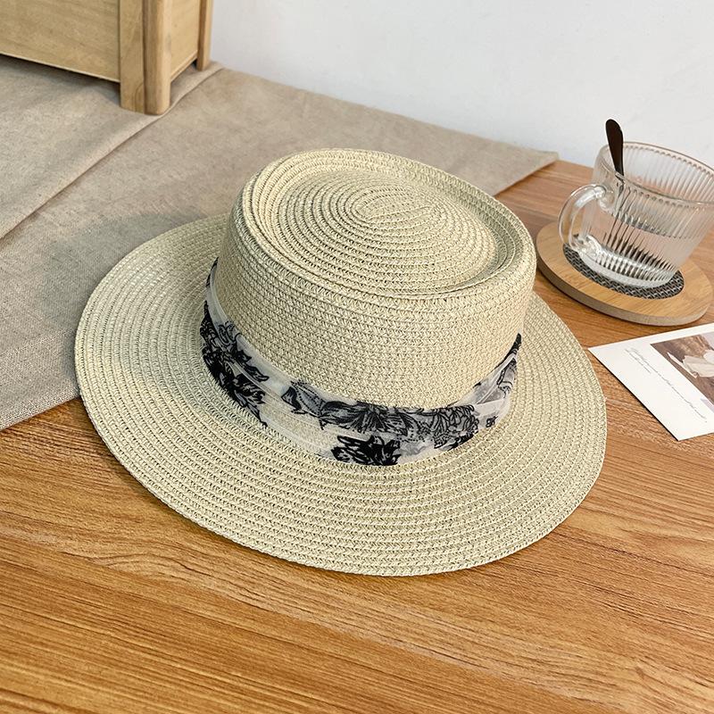 Flat Top Straw Hat Female Summer Travel Seaside Beach Hat National Tide Wind Breathable Anti-ultraviolet Sunshade Bucket Hat