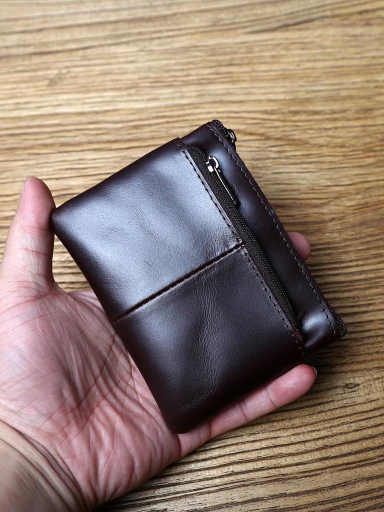 NZPJ Men's Leather Zipper Coin Wallet First Layer Cowhide Mini Short Wallet Handbag Change Wallet