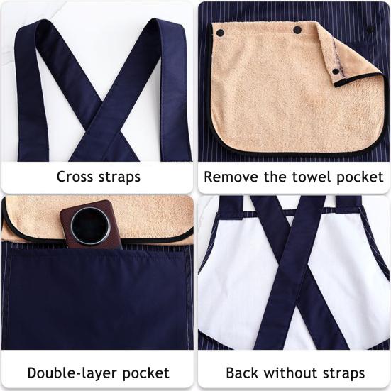 Waterproof Kitchen Apron with Pocket Removable Towel Multi-Functional Adjustable Oil-proof Men Women Chef Cooking Baking Striped Bib Apron