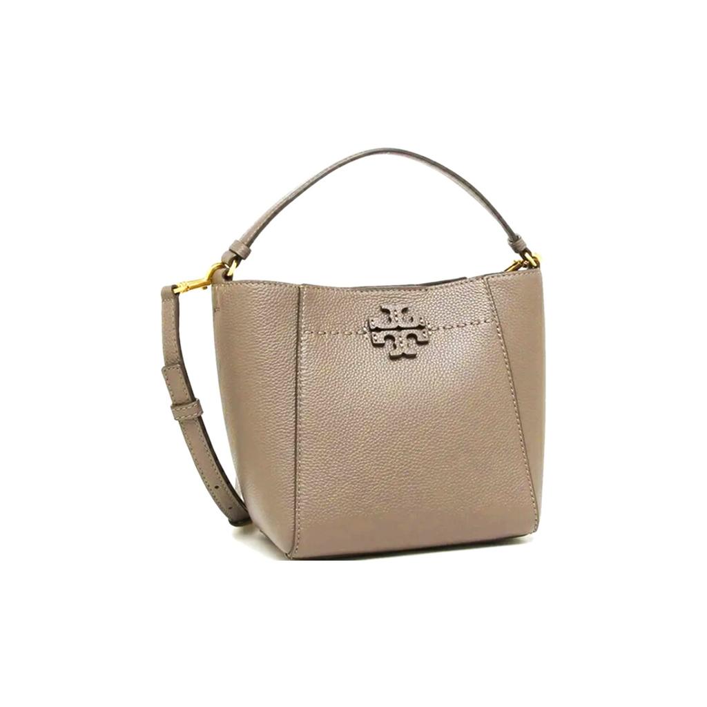 Tory Burch Mcgraw Iconic Double T Logo Bucket Bag Leather Handbag Small Women Handbags Clay-Gray 74956-200
