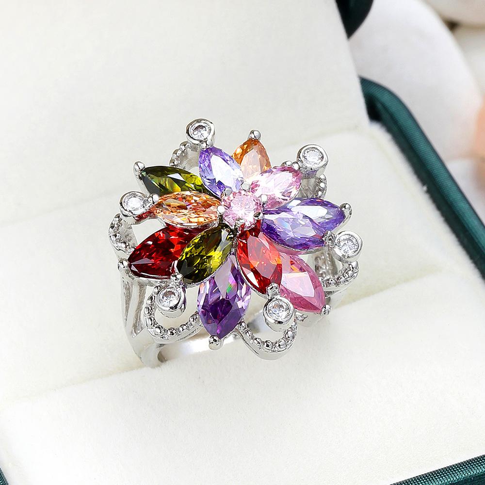 SODROV Rainbow Crystal Jewelry Colorful Zircon Flower Rings for Women
