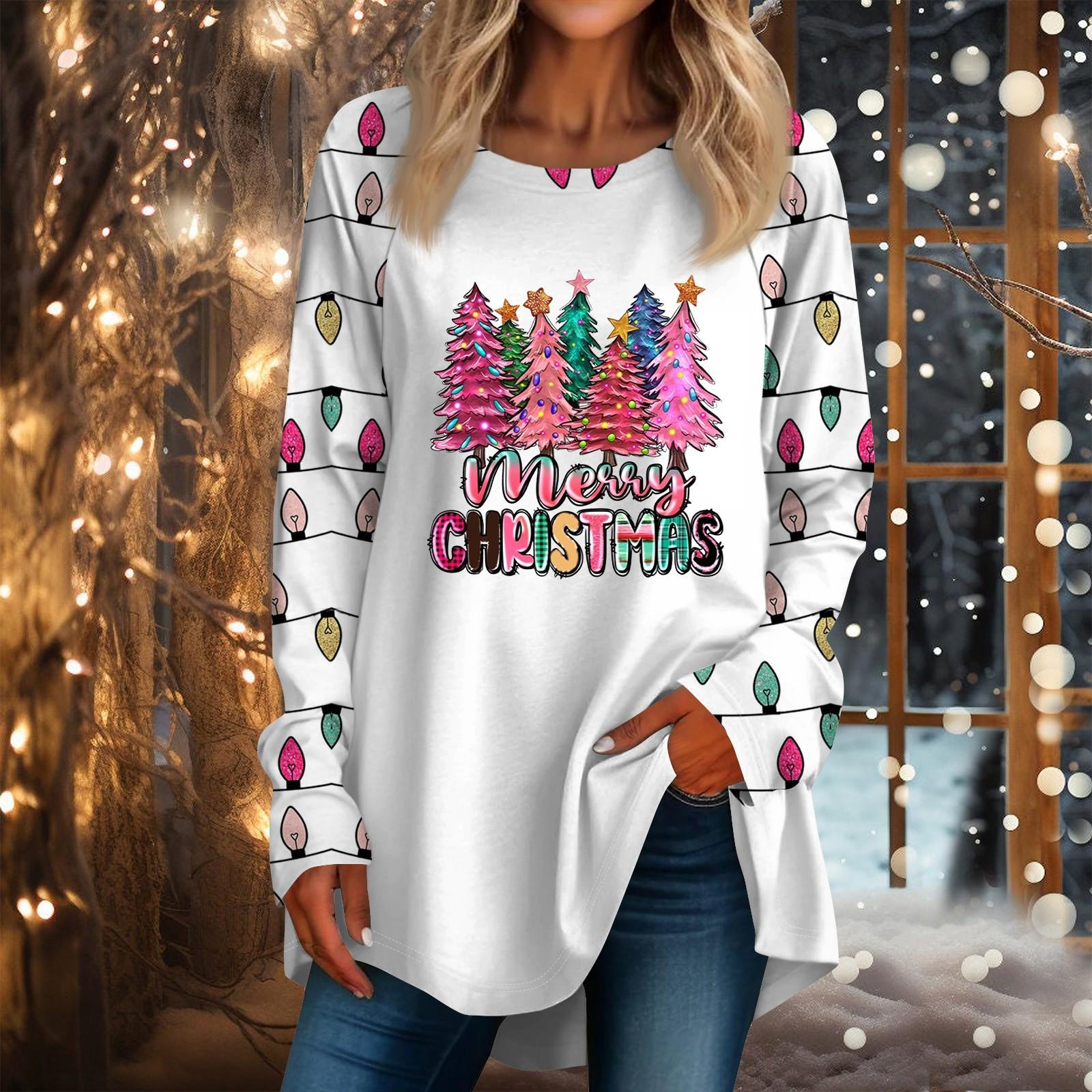 

Женская повседневная футболка больших размеров с длинными рукавами и круглым вырезом с рождественским принтом, топ, пуловер XL винный