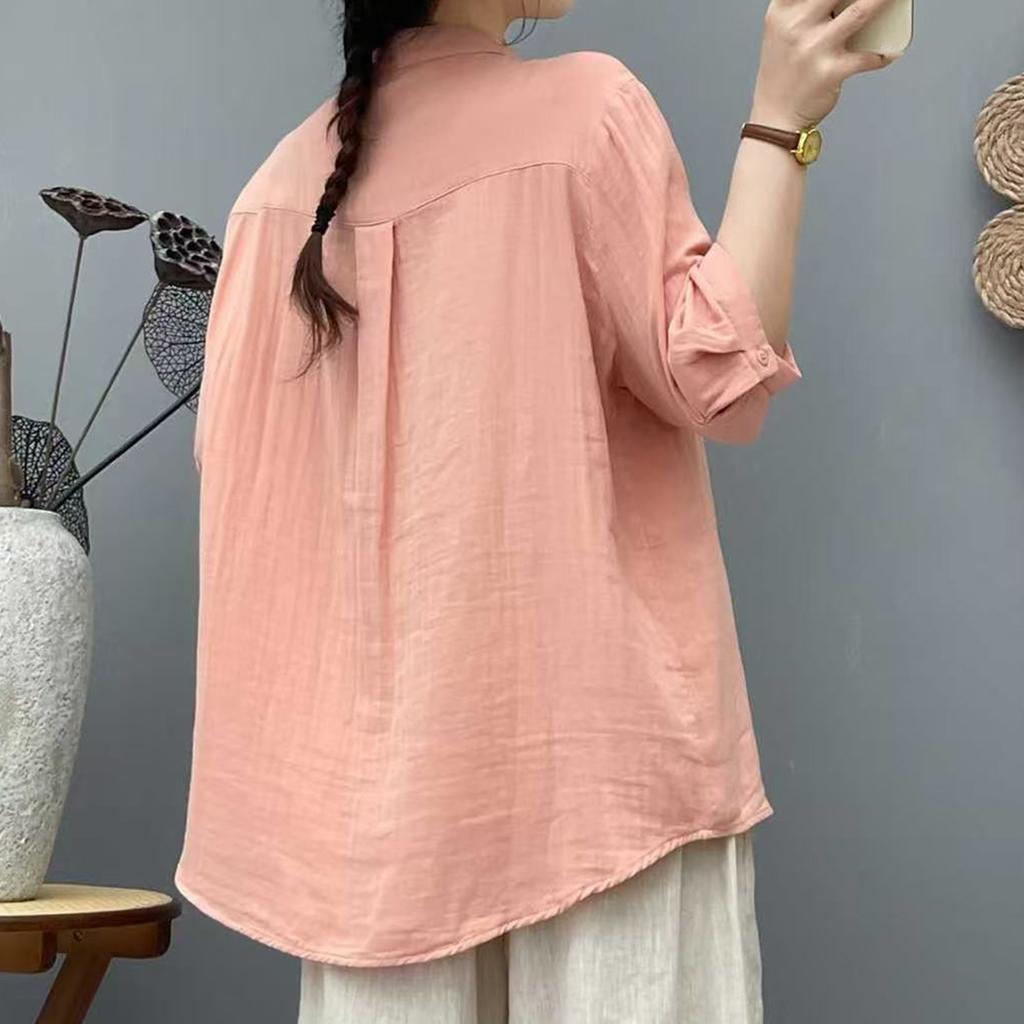 Women's Fashionable Casual Oversized Double-Layer Cotton Yarn Stand Collar Shirt With Mid-Length Sleeves In  Colour Top