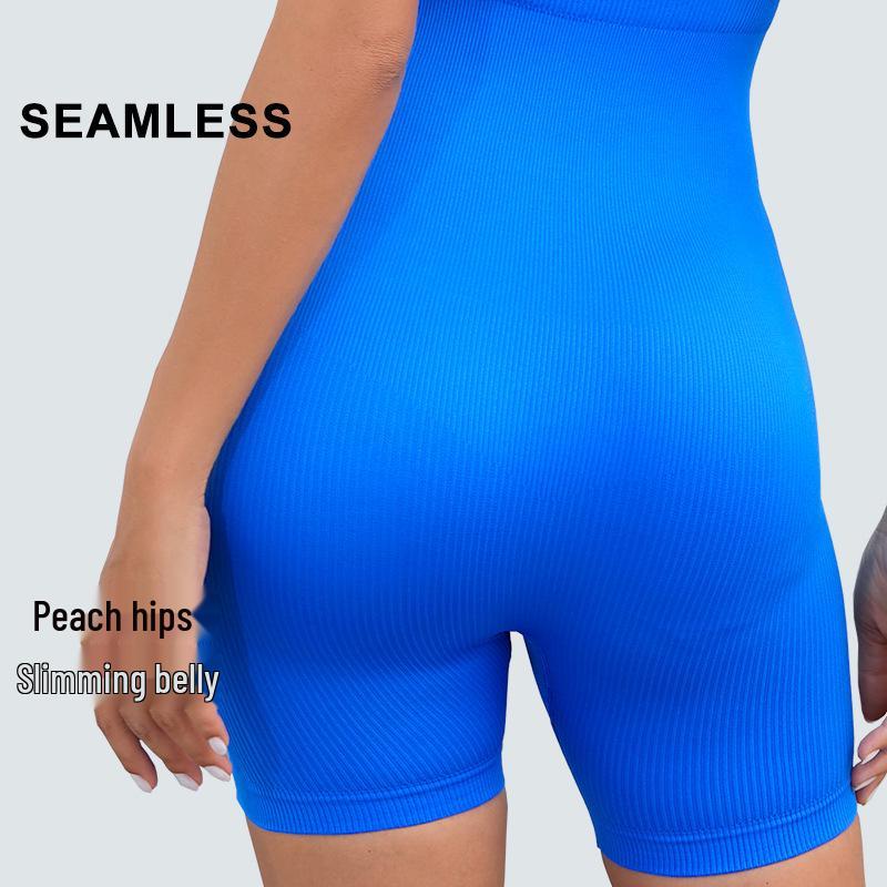 Seamless Ribbed Yoga Bodysuit with Removable Pads and Tight Shorts