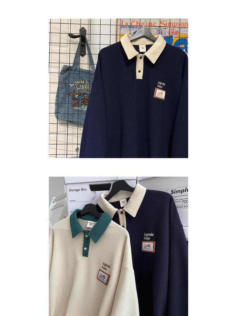 Męska koszulka polo wafelkowa w stylu vintage retro - luźny krój, kołnierzyk z klapami, na wiosnę/jesień, styl unisex