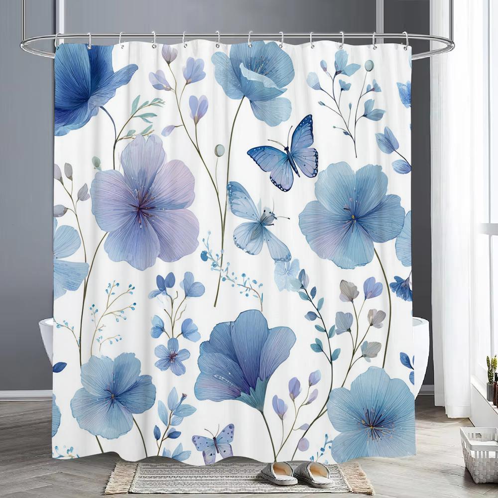 Blue Floral Shower Curtain, Bathroom Decorative Shower Curtain, Printed Polyester Fabric Shower Curtain with Hooks