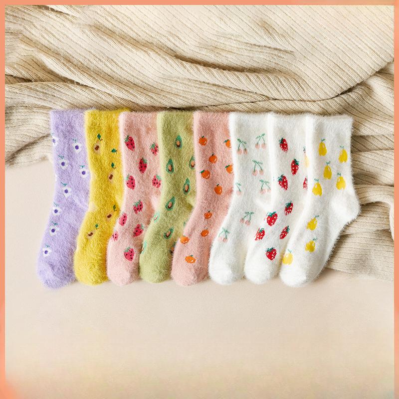 Female Autumn and Winter Plus Velvet and Thick Warm Mink Velvet Warm Fruit Strawberry Deodorant Tube Socks