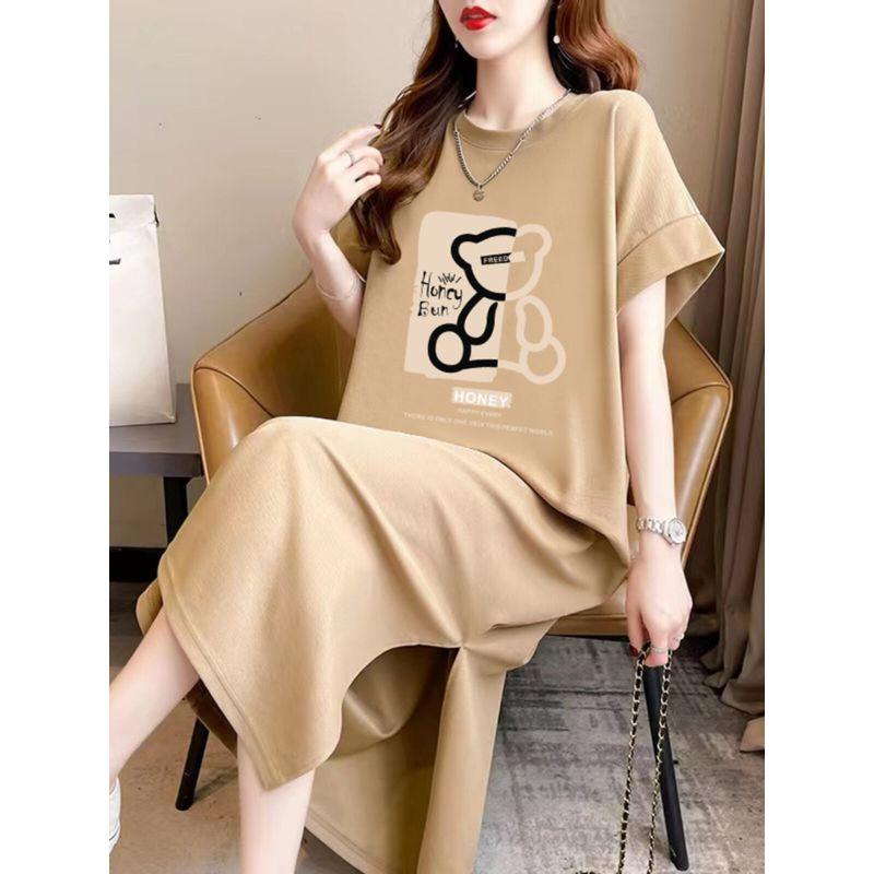 Idle Style Short Sleeve T-shirt Skirt Women's Summer Casual Loose Overknee Dress Pure Cottom Long Dress Plus Size Women's Clothing
