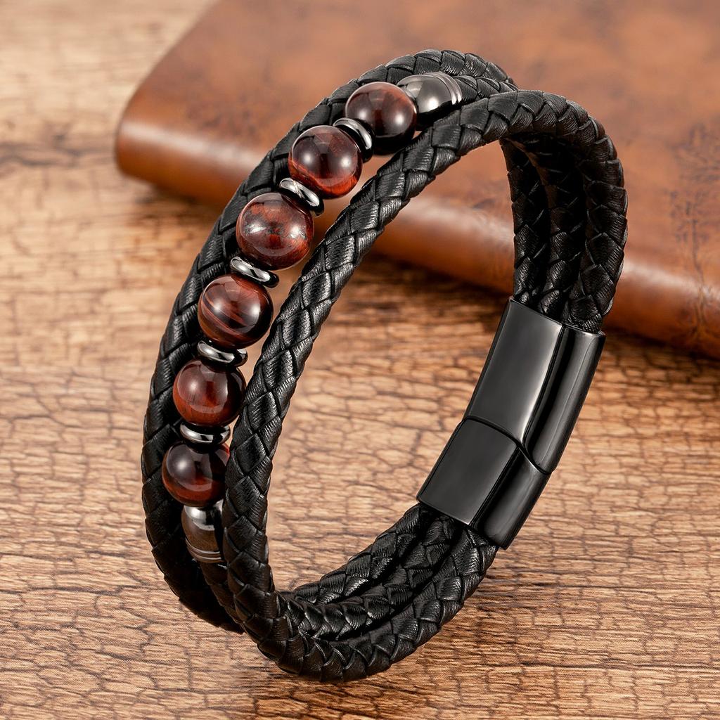 Trendy Multilayer Leather Bracelets For Men Women 9 Style Round Stone 8mm Beaded Jewelry Valentine Day Gifts