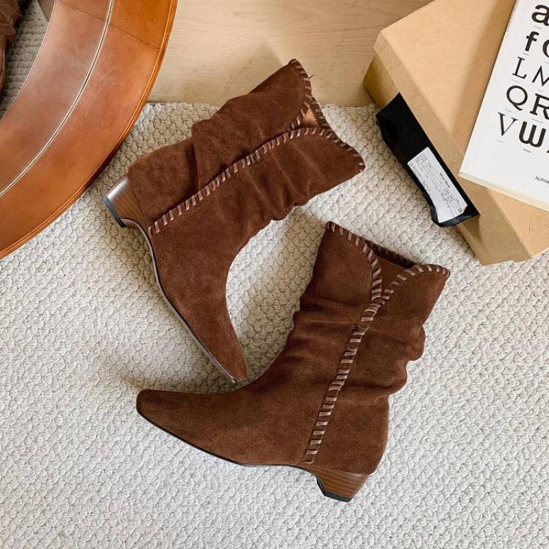 Autumn and winter women's Martin boots leather large size women's boots medium heel non-slip rubber sole sleeve new versatile medium boots