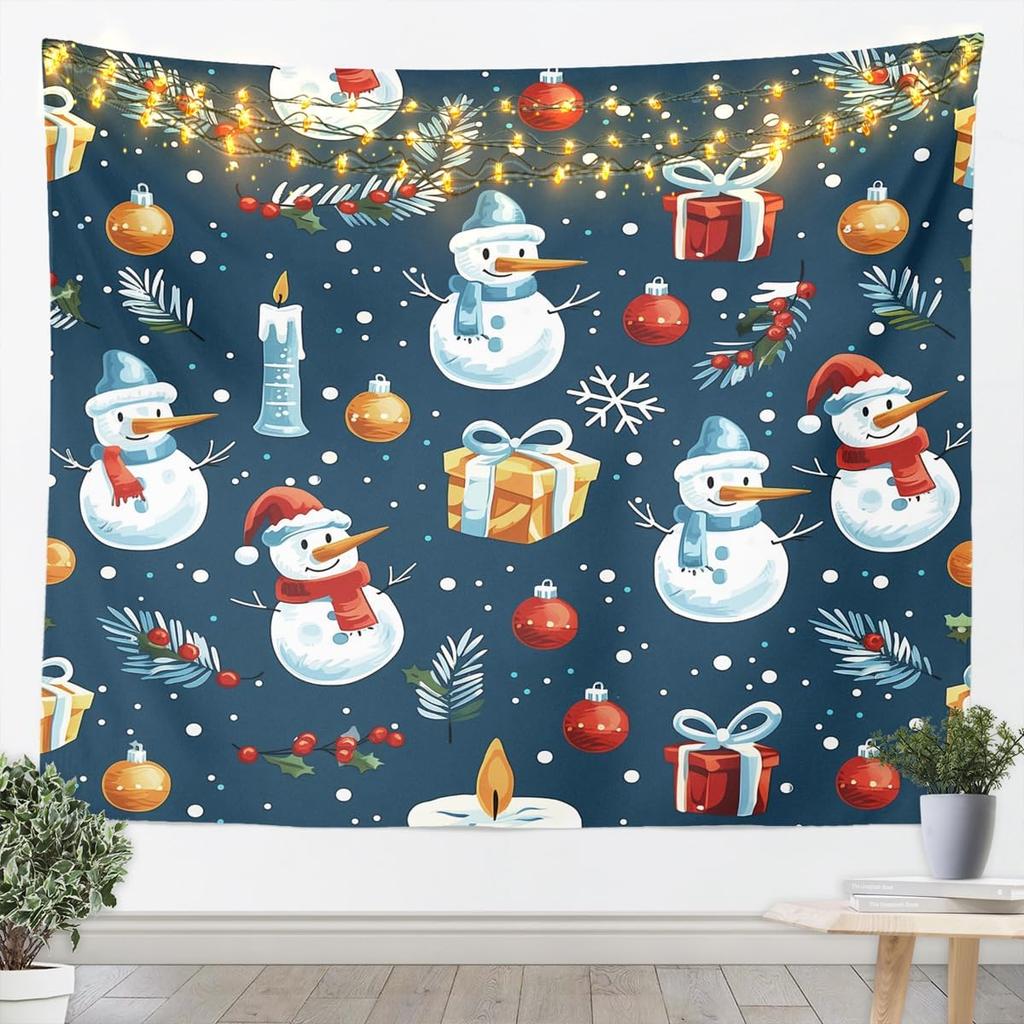 Merry Christmas Tapestry Xmas Ornaments Wall Hanging Blanket Snowman Snowflake Wall Art for Living Room Bedroom Decoration