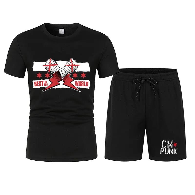 Herren Schwarz Return of CM Punk T-Shirt Shorts Set Sommer Kurzarm Mann Übergroße Anzüge 2024 Neue Mode Bekleidungssets