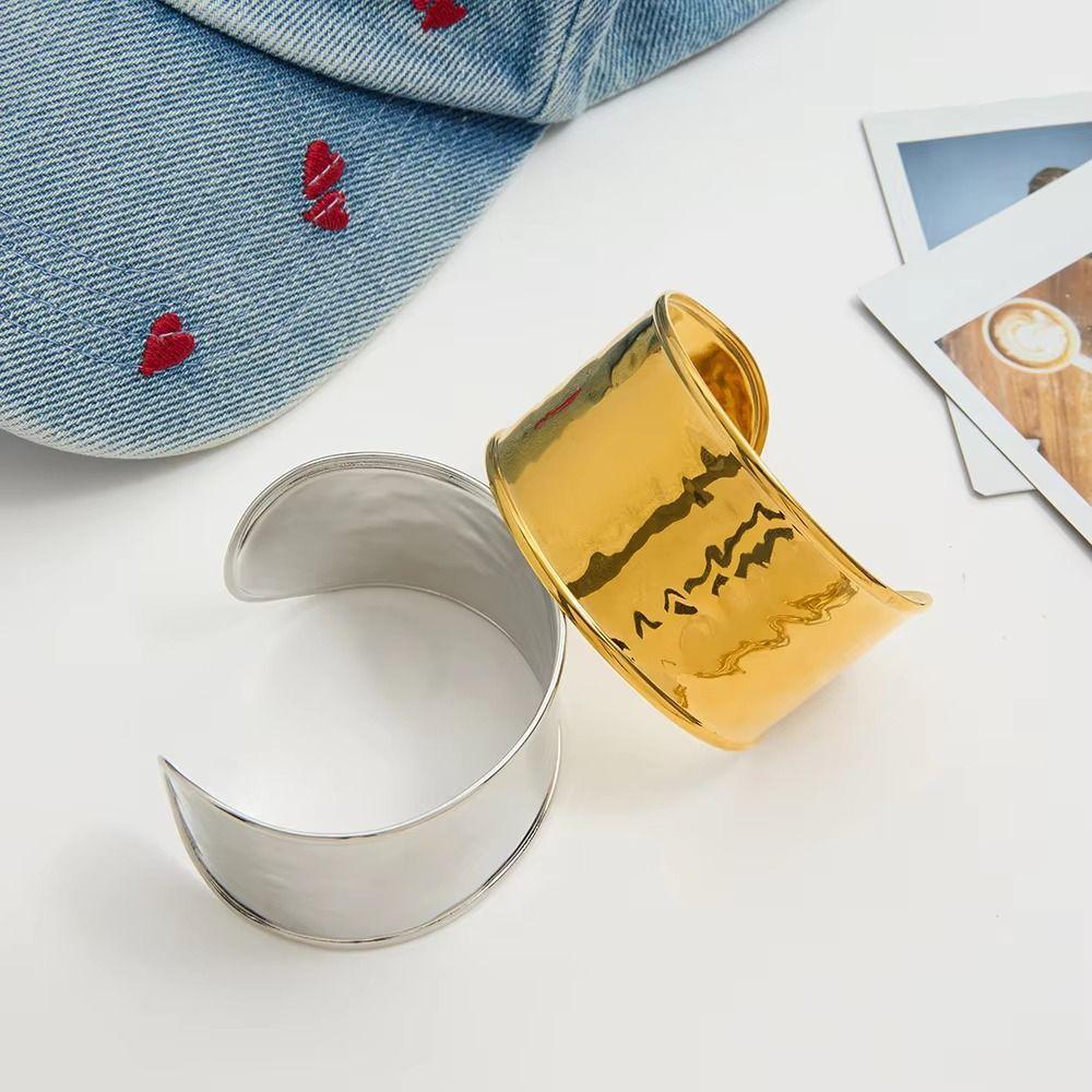 Stainless Steel Open Bracelet Hammered Texture Open Cuff Bangle Wide Bracelet  All-Match Wear