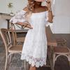 Women Summer Casual Flat Shoulder White Hollow Embrioderied Lace One Piece Dress