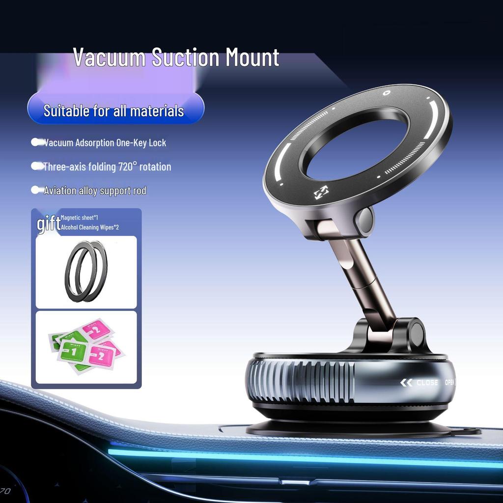 Rotating Magnetic Car Phone Holder: Foldable Dashboard Mount with Vacuum Suction.