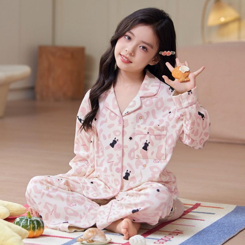 Girls Cotton Long Sleeve Pajama Set Cartoon Print Hooded Sleepwear Home Outfit Fall